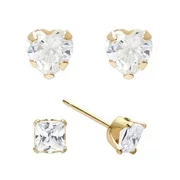 Girls' 14kt Yellow Gold Clear Square and Heart CZ Stud Earrings Set