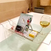 Bathtub Caddy Tray, Knifun Stainless Steel 24.01  - 33.46in Adjustable Over Bath Tub Racks Reading Shelf Shower Storage Organizer with Extending Sides, Removable Wine Glass Holders and Book Holder