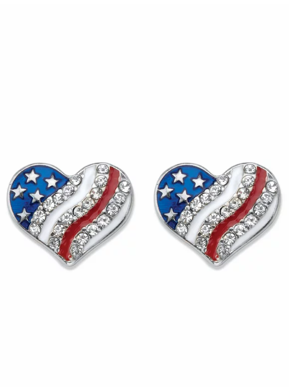 PalmBeach Jewelry Crystal and Enamel Heart-Shaped American Flag Patriotic Holiday Earrings in Stainless Steel