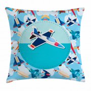 Kids Party Throw Pillow Cushion Cover, Airplane Collection with Different Vessels Commercial Airline Balloon Cartoon, Decorative Square Accent Pillow Case, 16 X 16 Inches, Multicolor, by Ambesonne