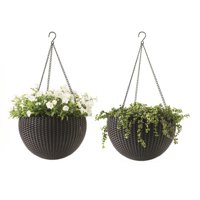 Keter Round Resin 13.8" D Hanging Planters, 2 pack- Brown Rattan