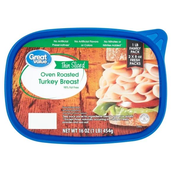 Great Value Thin Sliced Oven Roasted Turkey Breast Family Pack, 16 oz Plastic Tub, 9 Grams of Protein per 2 oz Serving