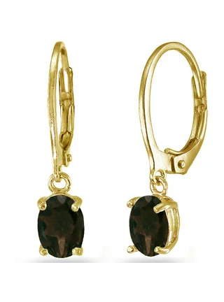 Smokey Quartz Yellow Gold Flashed Sterling Silver 7mm x 5mm Oval Dangle Leverback Earrings