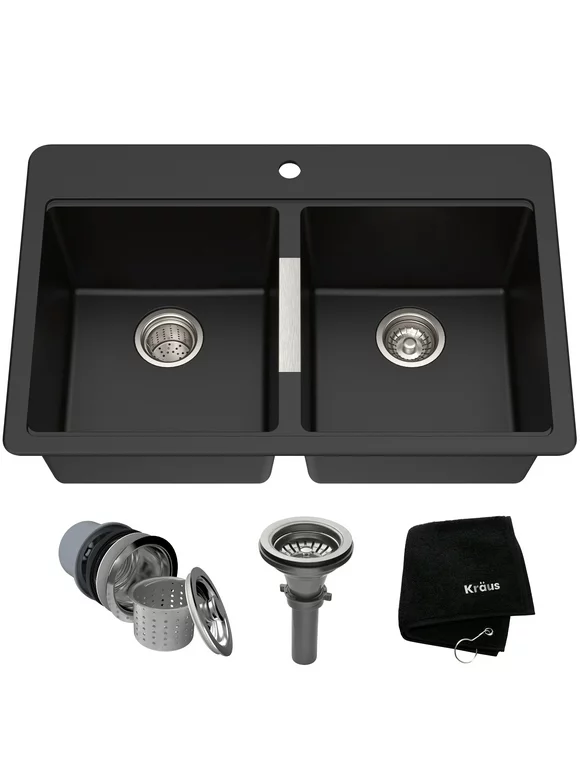 Kraus 33 Inch Dual Mount 50/50 Double Bowl Granite Kitchen Sink w/ Topmount and Undermount Installation in Black Onyx