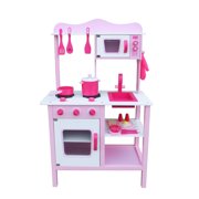 Clearance! Wooden Kitchen for 3-8 Girls and Boys, 23.6'' x 11.8'' x 33.5" DIY Sturdy Kitchens Playsets w/Stove, Oven, Microwave and Sink, 3 Shelf Unit, Gift Loving Family Furniture Set, Pink, S9146