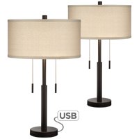 Franklin Iron Works Industrial Table Lamps Set of 2 with Hotel Style USB Charging Port Rich Bronze Drum Shade for Living Room Family Bedroom
