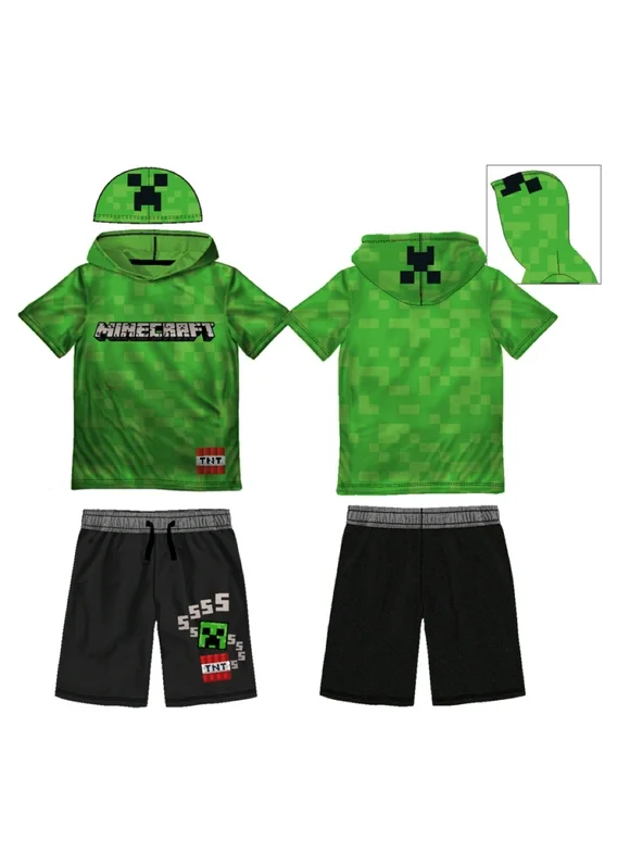Minecraft Boys Cosplay Hooded Short Sleeve T-Shirt and Short Set 2pc Green