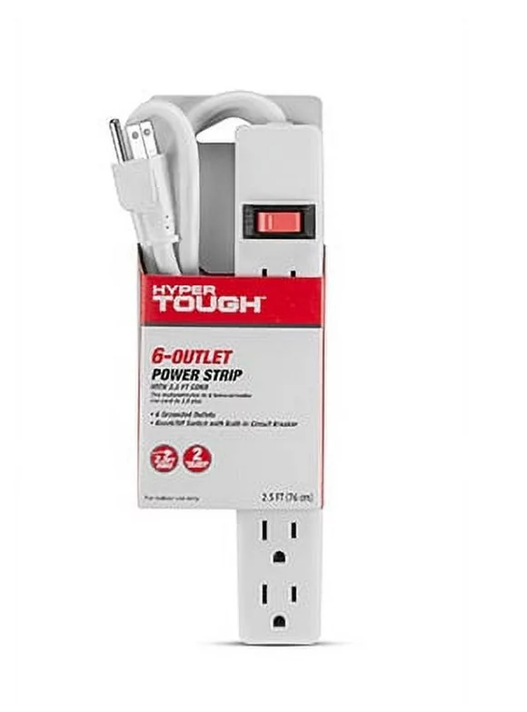 Hyper Tough 6 Outlet Power Strip with 2.5 ft Cord, White, Single Pack