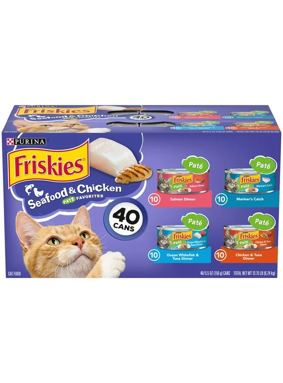 Purina Friskies Seafood and Chicken Wet Cat Food Variety Pack, 5.5 oz Cans (40 Pack)