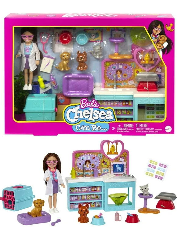 Barbie Chelsea Can Be Pet Vet Playset with Brunette Small Doll, 4 Animals & 18 Accessories