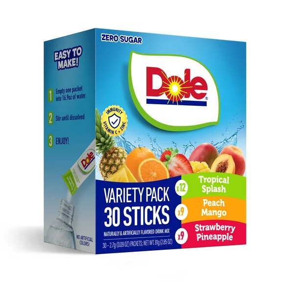 Dole Powdered Drink Mix Variety Pack, Tropical Splash, Peach Mango, Strawberry Pineapple, Sugar-Free, 30 Count