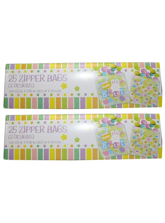 Set of 50 Easter Zipper Bags with Easter Bunny, Egg, and Jelly Bean Designs! 6.5"x5.86" - 2 Designs!