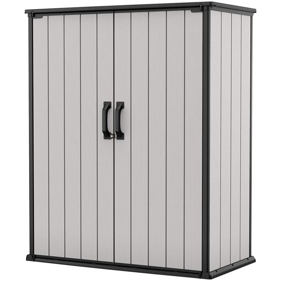 KETER Premier Tall Resin Outdoor Storage Shed with Shelving Brackets for Patio Furniture, Pool Accessories, and Bikes, Grey & Black