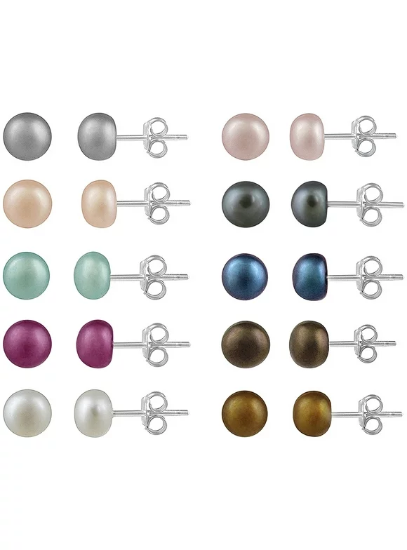 5-5.5mm Freshwater Cultured Pearl Sterling Silver  Multi-Color Stud Earrings, Set of 10