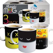 Set of 3 Magic Heat Sensitive Coffee Mugs, Color Changing Heat Cups, 11 oz each, By Chuzy Chef