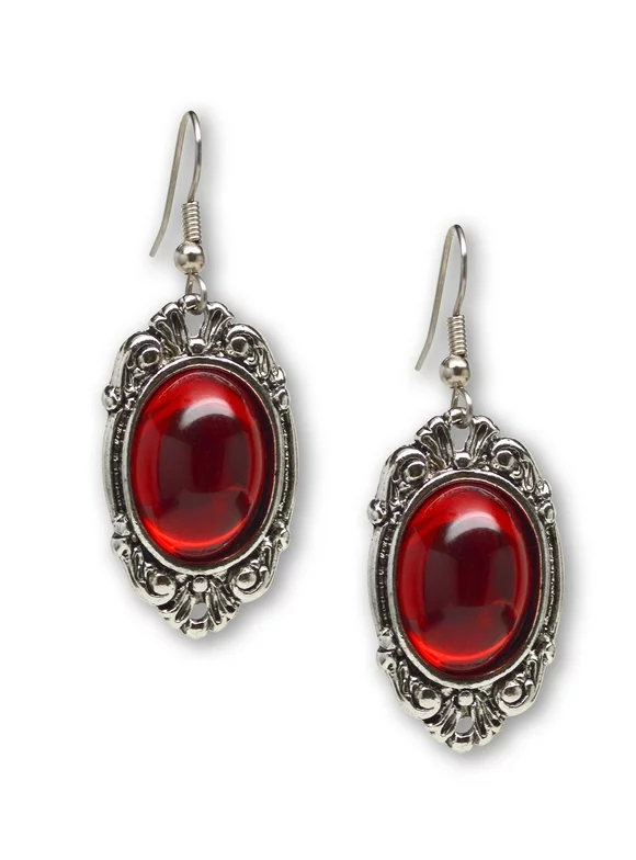 Gothic Blood Red Cabochon Dangle Earrings In Silver Finish Pewter Frame by Real Metal #1024R