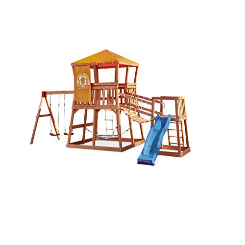 Little Tikes Real Wood Adventures Grizzly Grotto Wooden Swing Set and Outdoor Playhouse for Backyard Kids Playground