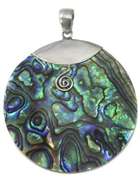 Sterling Silver Mother Of Pearl Abalone Round Shell Necklace Pendant Silver Work Large MOP