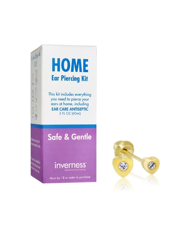 Home Ear Piercing Kit with 24k Gold-Plated Stainless Steel Heart with Crystal Earrings