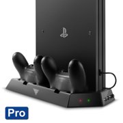 TSV Vertical Stand with Cooling Fan for PS4 Pro, Controllers Charging Station with Dual Charger Ports and USB HUB for PlayStation 4 Pro Console Dualshock 4