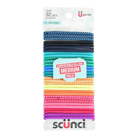 Scünci No Damage Elastic Nylon Ponytail Holder Hair Ties, Multi-Color Solids and Patterns, 32 Ct