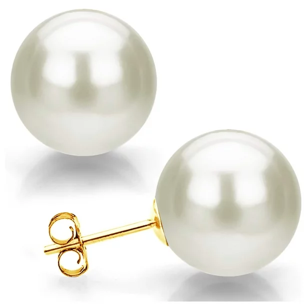 14k Yellow Gold 12mm White Shell Pearl Stud Earrings