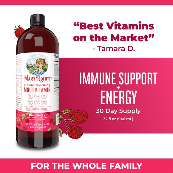 Multivitamin Multimineral for Women & Men by MaryRuth's | No Added Sugar | Vegan Liquid Vitamins for Adults & Kids | Immune Support, Bone Health, Energy Drink | Raspberry Flavor | 32 Fl Oz