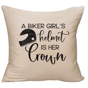 A biker girls helmet is her crown caps cursive motorcycle funny Decorative Throw Pillow cover 18 x 18 Beige Funny Gift