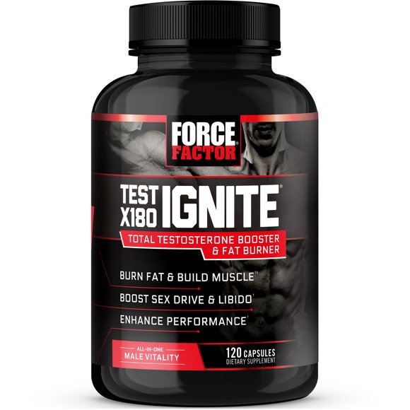 Test X180 Ignite Total Testosterone Booster for Men with Fenugreek Seed and Green Tea Extract to Increase Libido, Burn Fat, Build Lean Muscle, and Improve Performance, Force Factor, 120 Capsules