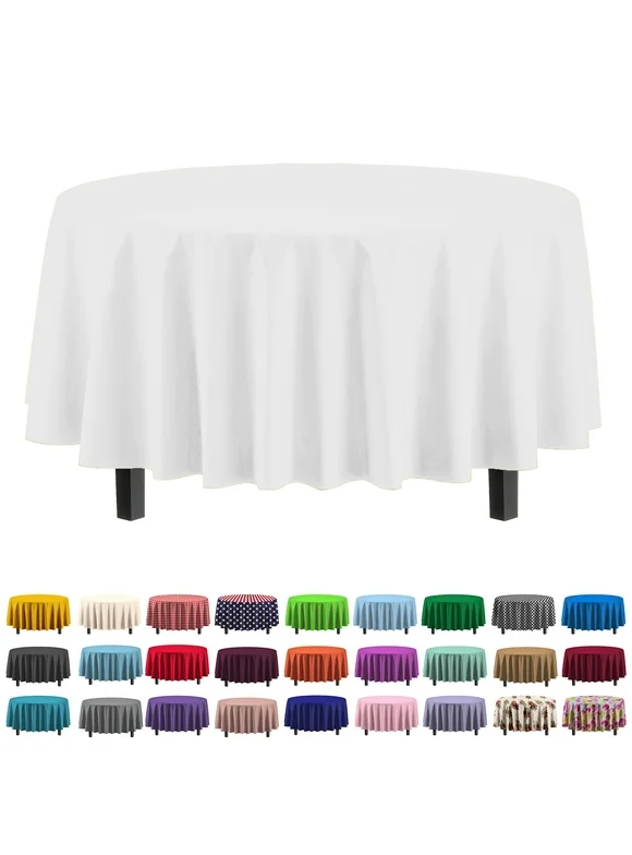 12 Pack Exquisite Premium Plastic Disposable 84 inch Round Tablecloth, White Round Table Covers