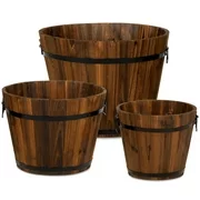 Best Choice Products Set of 3 Rustic Wood Bucket Barrel Flower Garden Planters Set w/ Drainage Holes, Multiple Sizes