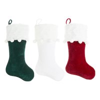 Holiday Time Christmas Decor Velvet Stockings Green, White and Red with White Cuff Set of 3, 20 inches