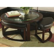 Roundhill Cylina Solid Wood Glass Top Round Coffee Table with 4 Stools