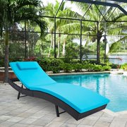 SUNCROWN Pool Chaise Lounge Chair Outdoor Patio Furniture Adjustable Folding Wicker Couch Bed with Blue Cushion