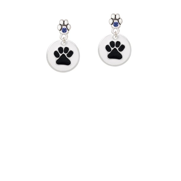 3/4'' Black Paw in White Circle - Blue Crystal Paw Earrings