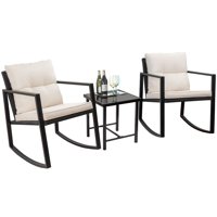 Walnew 3 Pieces Patio Furniture Set Rocking Wicker Bistro Sets Modern Outdoor Rocking Chair Furniture Sets Cushioned PE Rattan Chairs Conversation Sets with Glass Coffee Table (White)