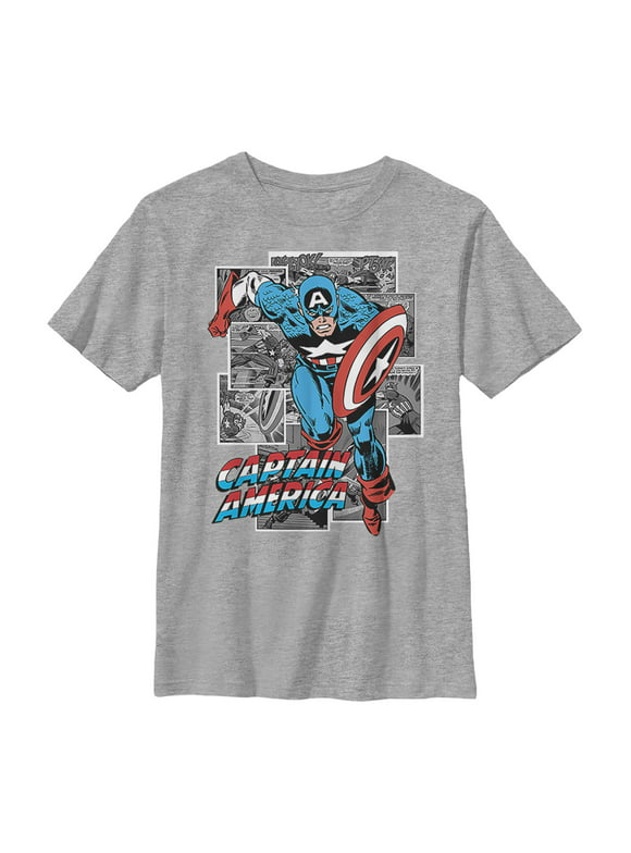 Boy's Marvel Captain America Gray Grayscale Panels  Graphic Tee Athletic Heather Large