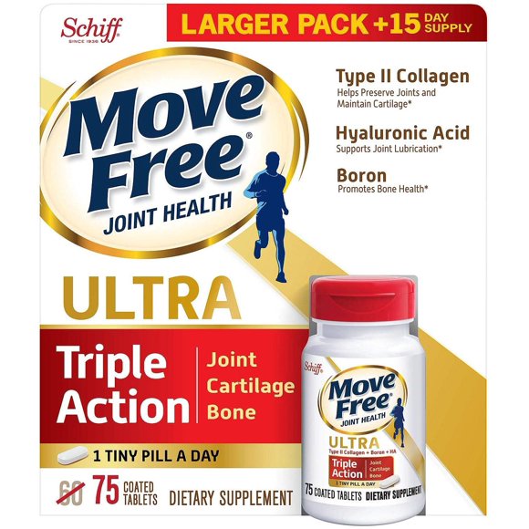 Move Free Ultra Triple Action Joint Supplement with Type II Collagen, Hyaluronic Acid, and Boron for Joint, Cartilage, and Bone Support (75 Tablets)