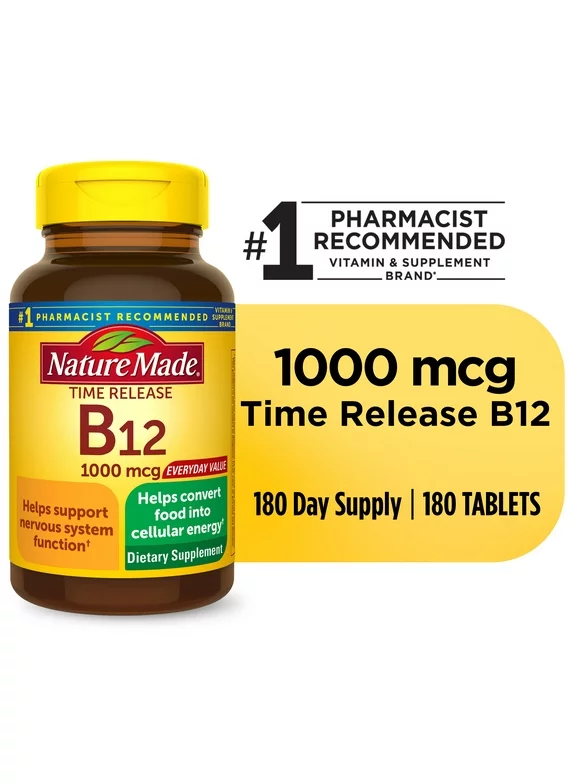 Nature Made Vitamin B12 1000 mcg Time Release Tablets, Dietary Supplement, 180 Count