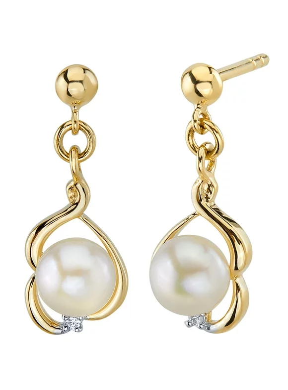Freshwater Pearl Round Button Shape Drop Earrings in 14K Yellow Gold