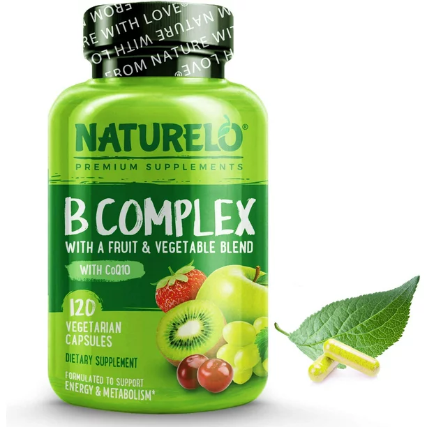 NATURELO Vitamin B Complex with Methyl B12, Methyl Folate, Vitamin B6, Biotin Plus Choline, CoQ10, And Fruit & Vegetable Blend - Supports Energy & Healthy Stress Response - Vegan - 120 Capsules