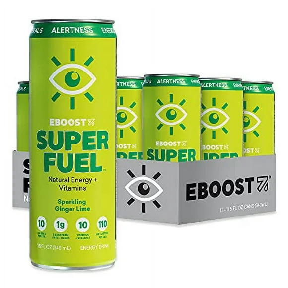 EBOOST Super Fuel Natural Energy Drink - Ginger Lime - 12 Pack x 11.5 Fl Oz - Natural Caffeine from Coffee and Green Tea - Essential Electrolytes, Nootropics, and Vitamins - Sports Preworkout Drink