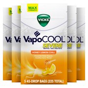 Vicks VapoCOOL SEVERE Medicated Lozenges, Honey Lemon Chill, 5 packs of 45 (225 Total Drops)