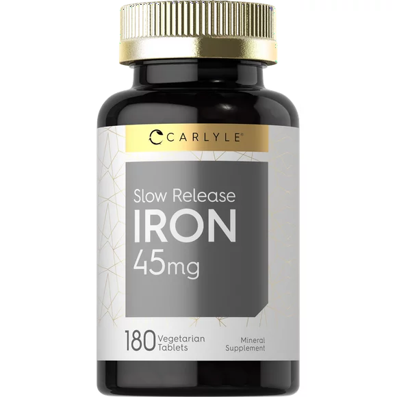 Slow Release Iron 45 mg | 180 Tablets | Vegetarian Formula | Ferrous Sulfate | by Carlyle