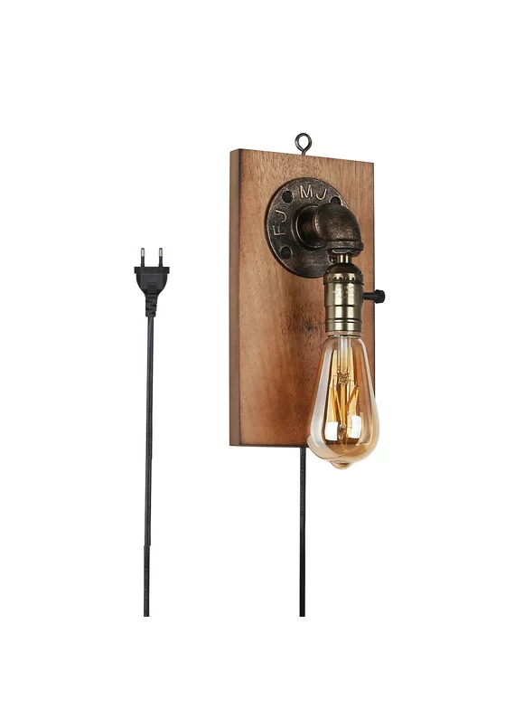 Modern Vintage Steampunk Plug in Cord LED Wall Lamp - Industrial Adjustable Wood Wall Sconce Lighting Fixture with On/Off Switch - Indoor Reading Light Porch Decoration for Kids Bedroom Living Room