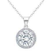Sophia 18k White Gold Plated Circle Halo Pendant Necklace - Silver Halo Necklace w/Solitaire Round Cut Cubic Zirconia Diamond Cluster - Wedding Anniversary Jewelry - MSRP - $150