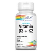 Solaray Vitamin D3 + K2 | D & K Vitamins for Calcium Absorption and Support for Healthy Cardiovascular System & Arteries | Non-GMO & No Soy | 60 CT