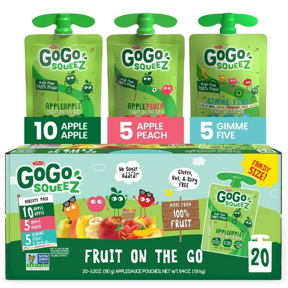 (20 Pack) GoGo Squeez Apple Apple, Apple Peach, and Gimme 5 Snack Pouch, 3.2 oz, 20 pack