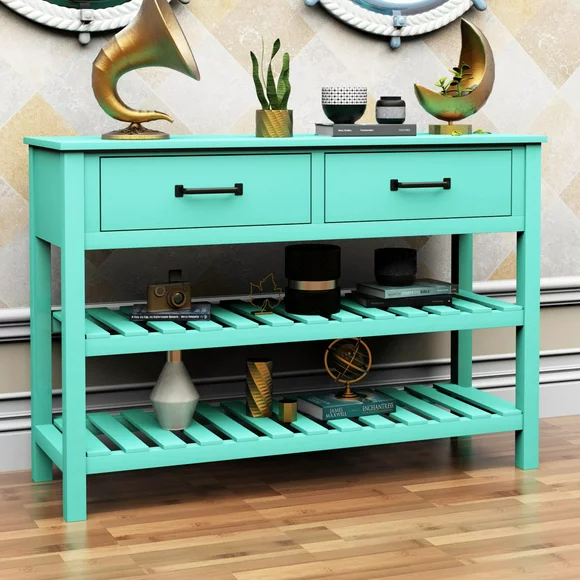 Ktaxon Solid Wood Console Table with 2 Drawers, 3 Tiers Sofa Table Entryway Table with Storage Shelves, Buffet Sideboard for Living Room Hallway Kitchen, Navy Green