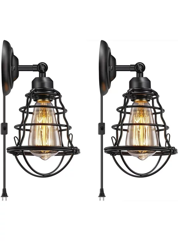 Licperron Set of 2 Plug in Wall Light with 5.9ft Plug in Cord Wire Wall Sconces Lamp  Cage Vintage Lighting Rustic Wall Light Fixture for Bedroom Bathroom